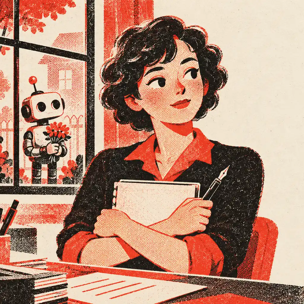 A person with a fountain pen and a paper notebook, arms crossed, while a small robot waits politely outside the window.
