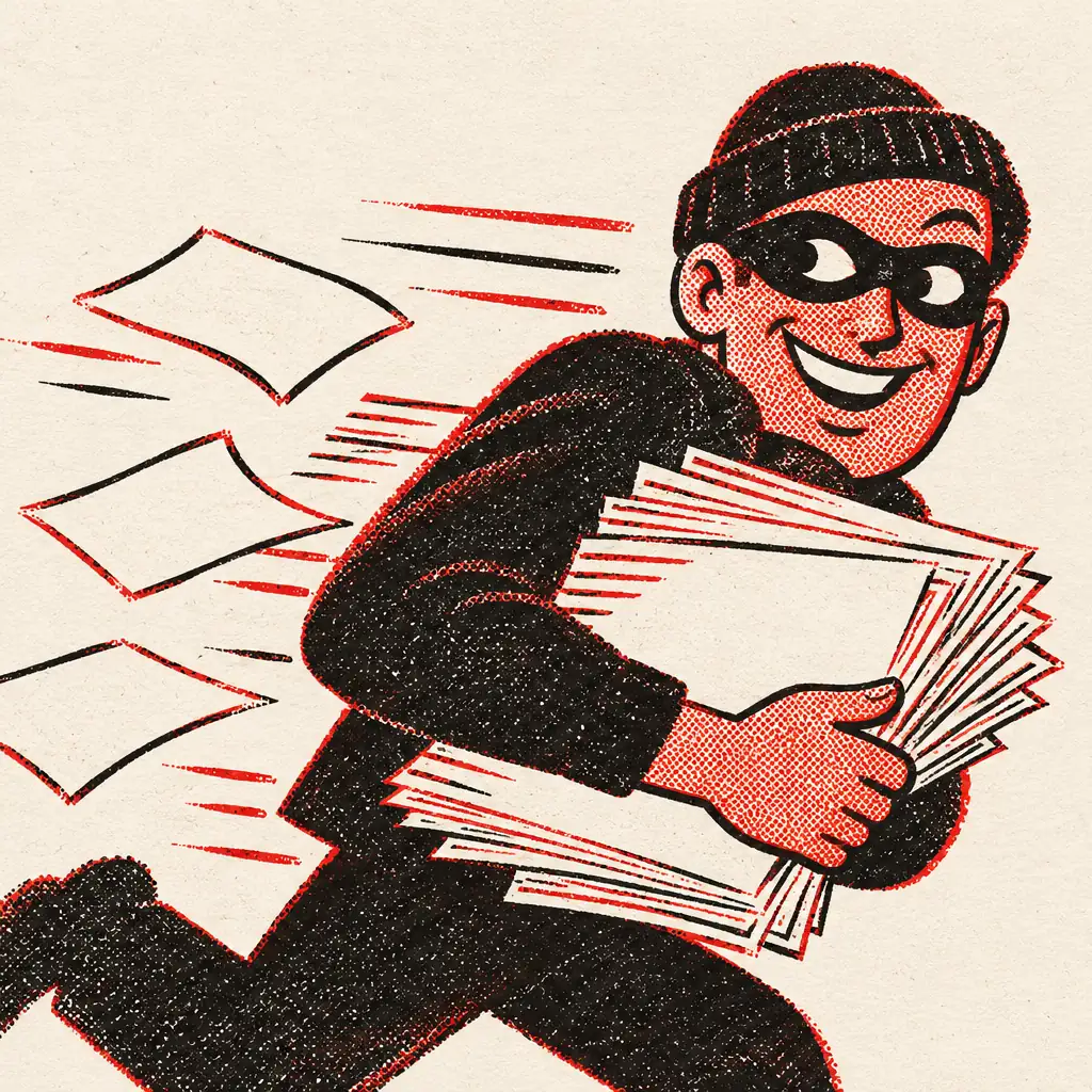 A grinning bandit in a domino mask running off with a stack of identical papers, motion lines trailing behind.