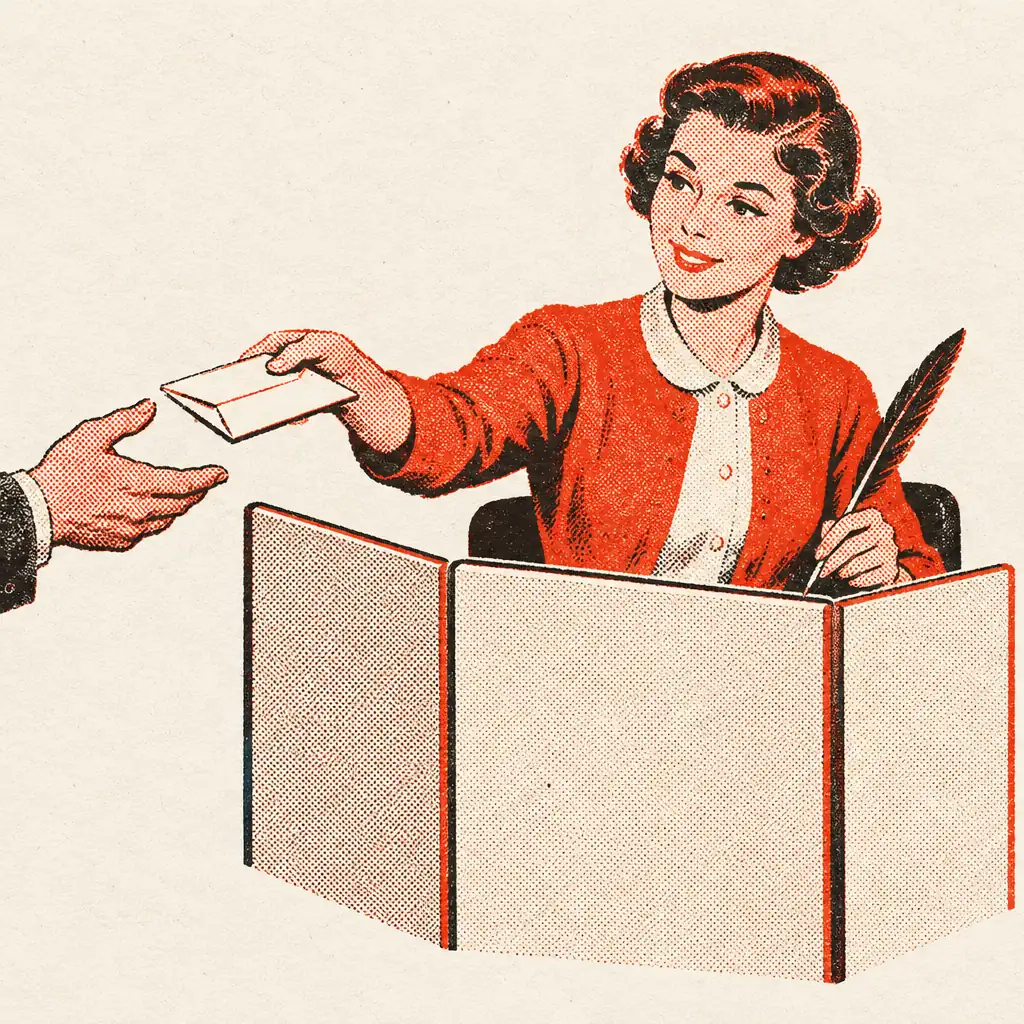A gentle figure with a quill behind a folding screen, passing a neatly folded letter to someone on the other side.