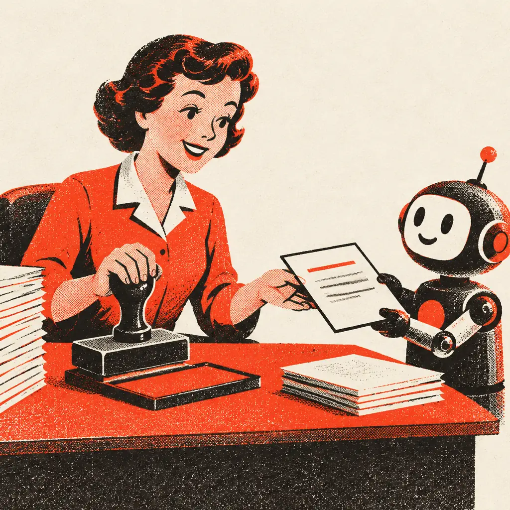 A cheerful clerk at a desk with a giant rubber stamp and a stack of applications, while a small friendly robot hands over a form.