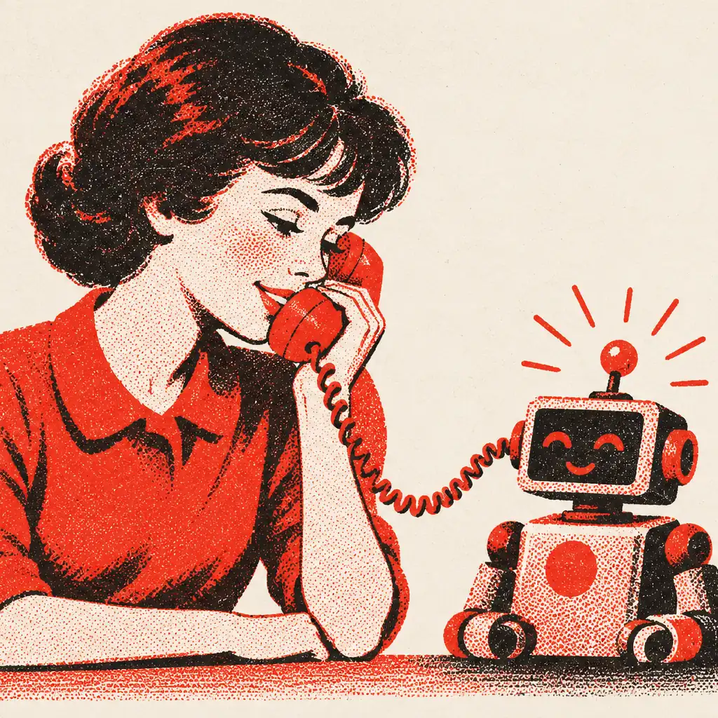 A calm person whispering into a vintage telephone that is wired to a small, happily glowing robot.