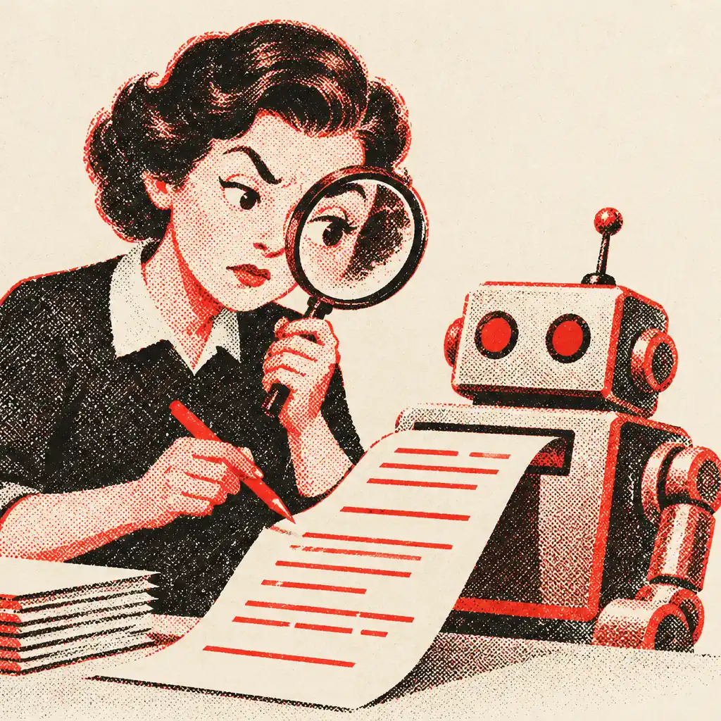 A person with a magnifying glass and a red pen inspecting a robot's printout, one eyebrow raised.