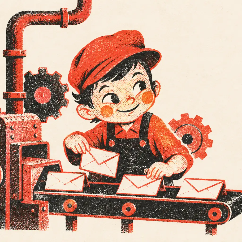 A mischievous small figure surrounded by pipes, gears and conveyor belts carrying envelopes.